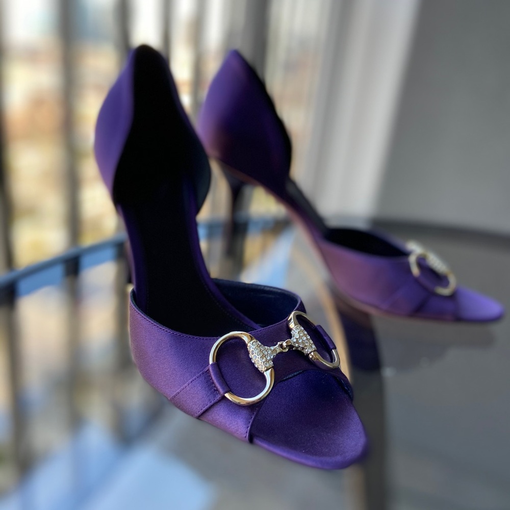 Gucci purple satin 3-inch d'orsay pumps.